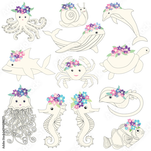 Underwater inhabitants in boho style. Vector illustration animals with flowers. Whale, dolphin, jellyfish, seahorse, turtle, shark, octopus, crab, snail, stingray, fish