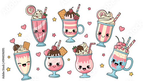 Collection of eight adorable cartoon milkshake characters with various toppings like cherries, cookies, and candy icons.