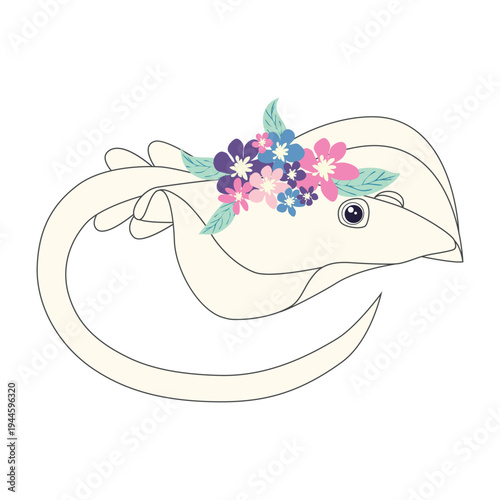 Underwater inhabitants in boho style. Vector illustration animals with flowers. Whale, dolphin, jellyfish, seahorse, turtle, shark, octopus, crab, snail, stingray, fish