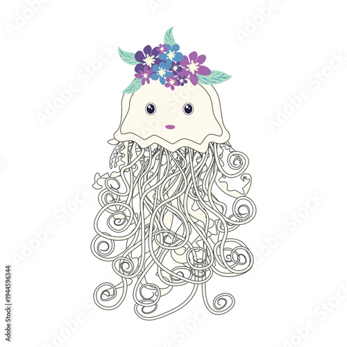 Underwater inhabitants in boho style. Vector illustration animals with flowers. Whale, dolphin, jellyfish, seahorse, turtle, shark, octopus, crab, snail, stingray, fish