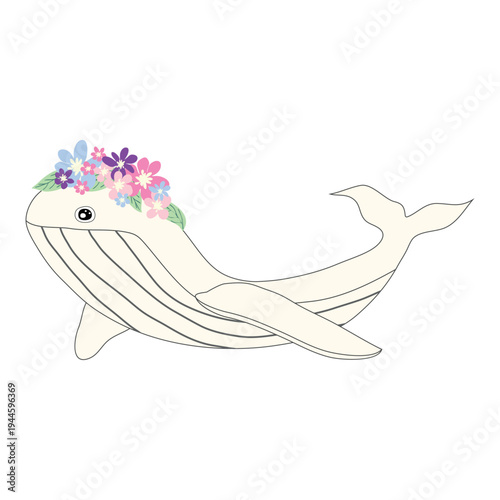Underwater inhabitants in boho style. Vector illustration animals with flowers. Whale, dolphin, jellyfish, seahorse, turtle, shark, octopus, crab, snail, stingray, fish