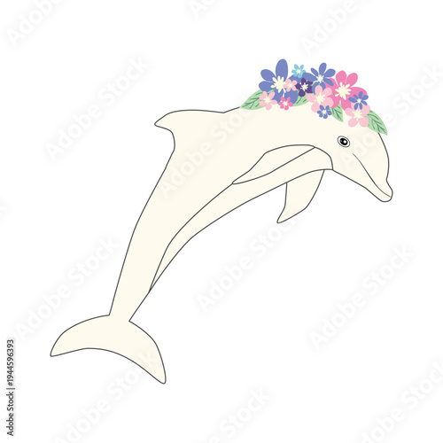 Underwater inhabitants in boho style. Vector illustration animals with flowers. Whale, dolphin, jellyfish, seahorse, turtle, shark, octopus, crab, snail, stingray, fish