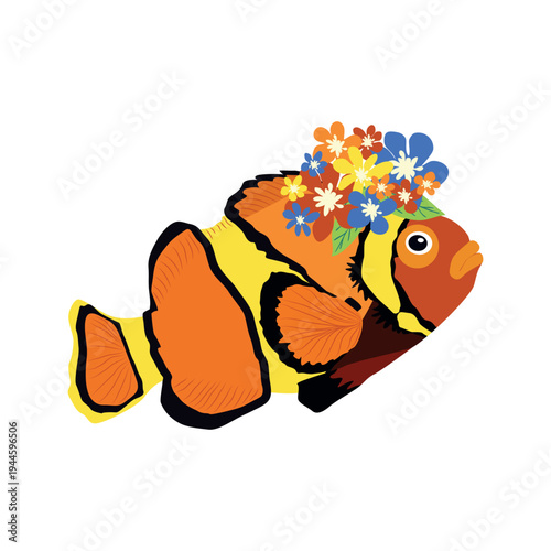 Underwater inhabitants in boho style. Vector illustration animals with flowers. Whale, dolphin, jellyfish, seahorse, turtle, shark, octopus, crab, snail, stingray, fish