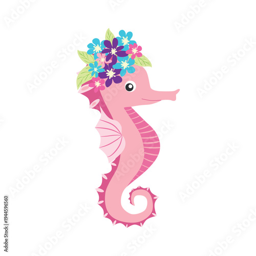 Underwater inhabitants in boho style. Vector illustration animals with flowers. Whale, dolphin, jellyfish, seahorse, turtle, shark, octopus, crab, snail, stingray, fish