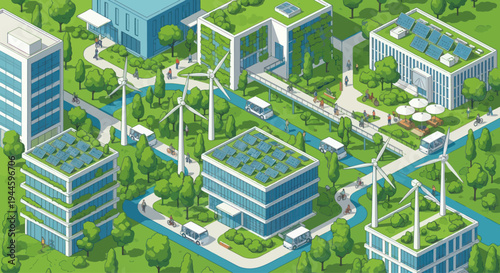 Eco-friendly city with green buildings, solar panels, wind turbines, and sustainable transport.
