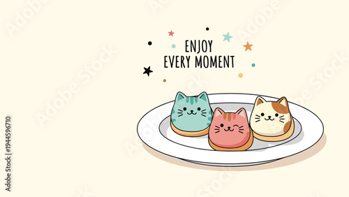 Three cute cat-shaped bread buns on a white plate with a motivational enjoy every moment message and decorative stars.