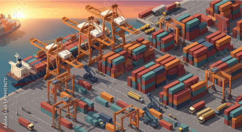 Busy Shipping Port with Cranes, Containers, and Cargo Ship at Sunset