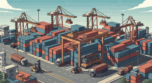 Busy shipping port with many cargo containers and cranes, logistics and transport concept