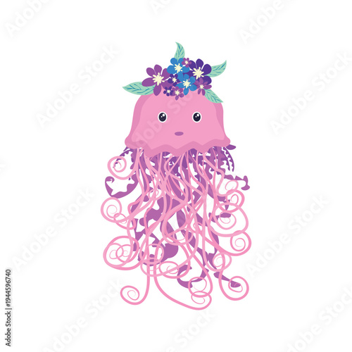 Underwater inhabitants in boho style. Vector illustration animals with flowers. Whale, dolphin, jellyfish, seahorse, turtle, shark, octopus, crab, snail, stingray, fish