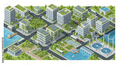 Sustainable Cityscape: Green Buildings, Solar Panels, Wind Turbines, and Clean Energy