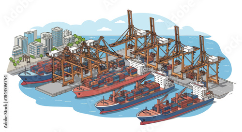 Container Ships and Cranes at Busy Industrial Harbor with City Skyline