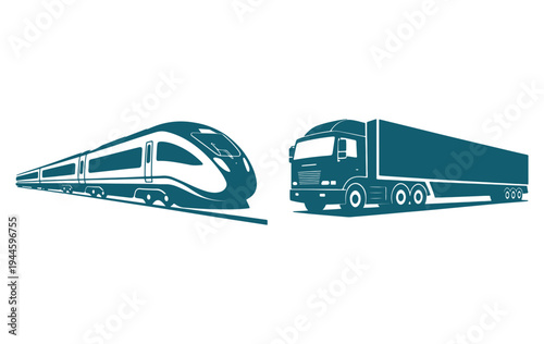 Modern high-speed train and freight truck illustration in blue silhouette
