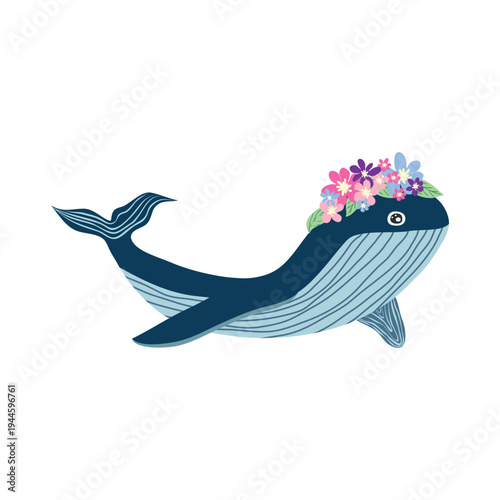 Underwater inhabitants in boho style. Vector illustration animals with flowers. Whale, dolphin, jellyfish, seahorse, turtle, shark, octopus, crab, snail, stingray, fish