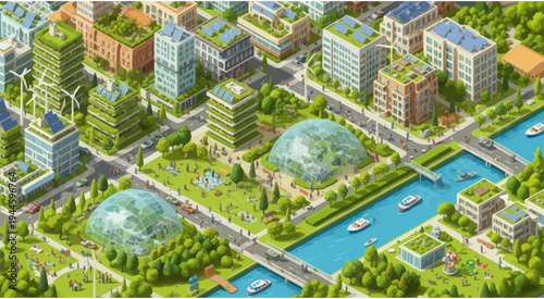 Eco-friendly futuristic city with green buildings, solar panels, wind turbines, and parks.