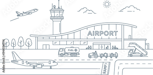 Airport terminal building line art vector featuring airplanes on runway ramp fuel tanker truck and baggage carrier.