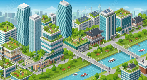 Isometric Eco Cityscape: Green Buildings, Rooftop Gardens, River, and Modern Architecture