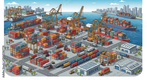 Busy Shipping Port with Cargo Containers, Cranes, Ships, and Trucks - Isometric Illustration