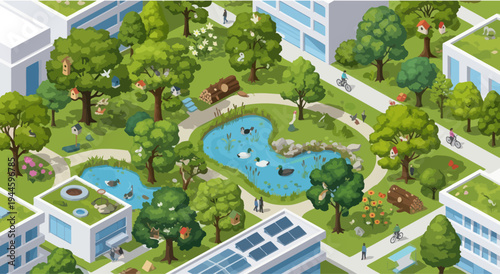 Eco-friendly cityscape with green roofs, park, pond, solar panels and people cycling.