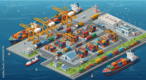 Busy Shipping Port with Cargo Ships, Cranes, Containers, Trucks and Trains