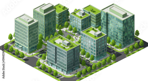 Modern Eco-Friendly Green City Buildings with Rooftop Gardens Isometric View