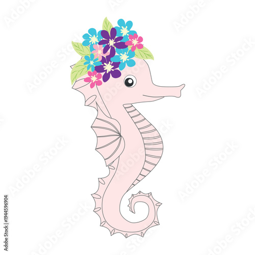 Underwater inhabitants in boho style. Vector illustration animals with flowers. Whale, dolphin, jellyfish, seahorse, turtle, shark, octopus, crab, snail, stingray, fish
