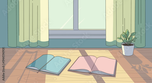 Cozy Sunny Room with Open Books and Potted Plant
