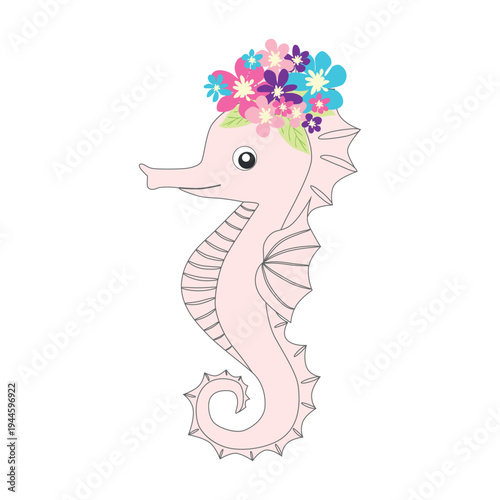 Underwater inhabitants in boho style. Vector illustration animals with flowers. Whale, dolphin, jellyfish, seahorse, turtle, shark, octopus, crab, snail, stingray, fish