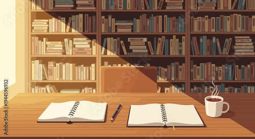 Cozy Sunny Study Scene with Open Notebooks and Coffee in a Warm Library