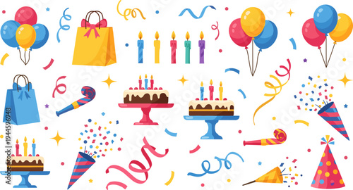 Colorful Birthday Party Vector Illustration Set with Balloons, Cakes, Candles, Party Hats, Confetti, Gift Bags, and Festive Celebration Elements