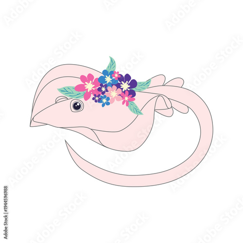 Underwater inhabitants in boho style. Vector illustration animals with flowers. Whale, dolphin, jellyfish, seahorse, turtle, shark, octopus, crab, snail, stingray, fish