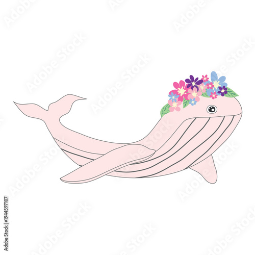 Underwater inhabitants in boho style. Vector illustration animals with flowers. Whale, dolphin, jellyfish, seahorse, turtle, shark, octopus, crab, snail, stingray, fish