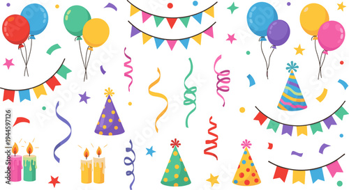 Colorful Birthday Party Celebration Vector Illustration Set with Balloons, Party Hats, Candles, Confetti, Streamers, and Festive Decorations for Holiday Events