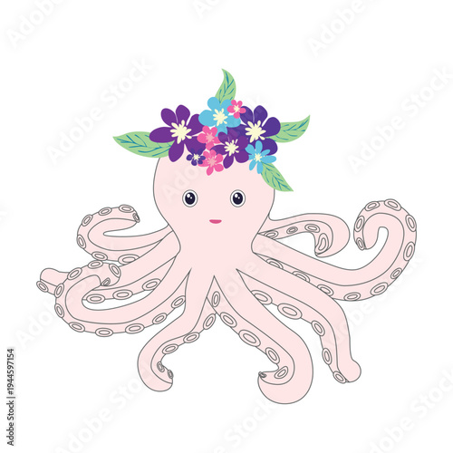 Underwater inhabitants in boho style. Vector illustration animals with flowers. Whale, dolphin, jellyfish, seahorse, turtle, shark, octopus, crab, snail, stingray, fish