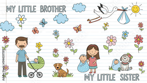 Cute cartoon illustration of a father with a baby stroller and various elements celebrating the arrival of a little brother or sister.