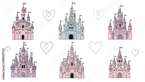 Set of various fairytale castles in soft pink and blue colors with floating heart shapes for magical princess themed designs.