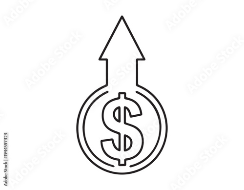 A silhouette of a dollar coin with an upward arrow symbolizing financial growth and profit increase in a simple black line art style silhouette