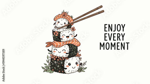Tower of happy sushi rolls and nigiri with cute faces decorated with flowers and served with wooden chopsticks for a joyful meal.