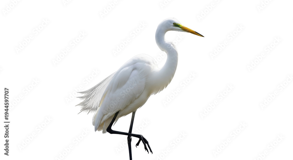 Obraz premium Elegant great egret PNG isolated on transparent background, graceful white bird with yellow beak standing on one leg, wildlife cutout