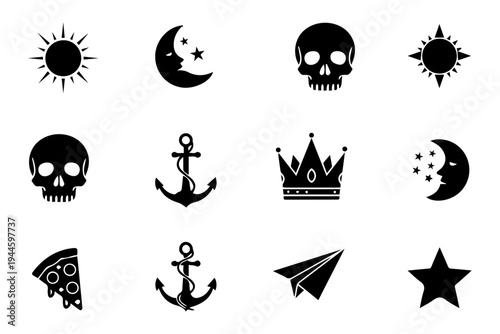 Collection of nautical celestial and gothic symbols in a striking silhouette