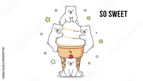 Four cute polar bears hugging a giant soft serve ice cream cone with stars and bubbles for a sweet and cold treat.