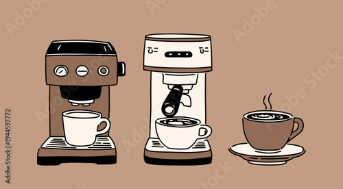 Coffee machines and hot coffee cup illustration in a cute hand drawn style. Home espresso maker set with freshly brewed coffee. Cozy cafe and morning drink concept.