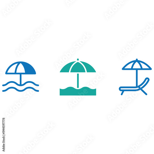 Icon set depicting beach and relaxation activities with umbrellas and loungers