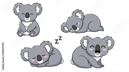 Set of four adorable koala bears in various happy and sleepy poses including sitting and napping with a snoring symbol.