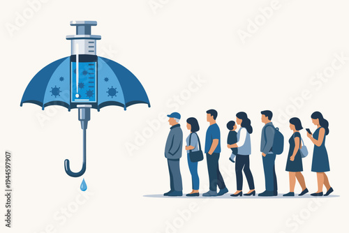 Vaccination concept vector illustration of an umbrella-shaped syringe with COVID-19 vaccine protecting a group of diverse people waiting in line for immunization, prevention, and health safety.