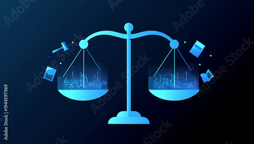 A blue scale with various objects on each side against a dark background symbolizing balance and justice in a digital or technological context with cityscapes