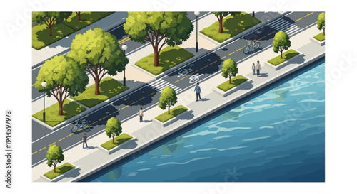 Isometric Cityscape with Waterfront Promenade, Bike Path, and Green Spaces