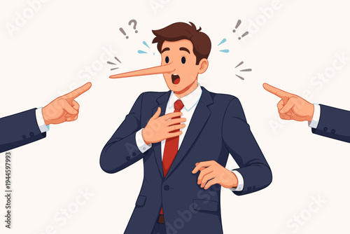 Simple Flat Vector Illustration of a Businessman with a Long Nose Caught in a Lie. Dishonest Corporate Professional Being Accused of Deception and Fraud. Surprise Expression of a Liar Being Caught.