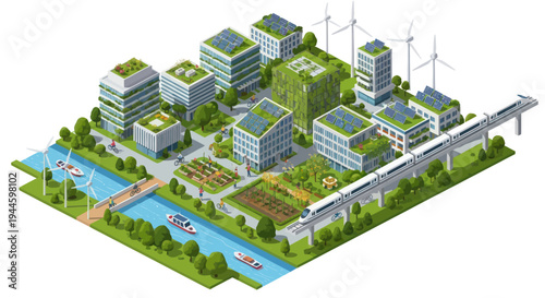 Eco-friendly city skyline with green buildings, solar panels, wind turbines, and monorail