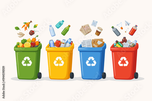 Vector illustration of four colorful recycling bins for domestic waste sorting. Green for organic food scraps, yellow for plastic bottles, blue for paper and cardboard, and red for glass bottles.