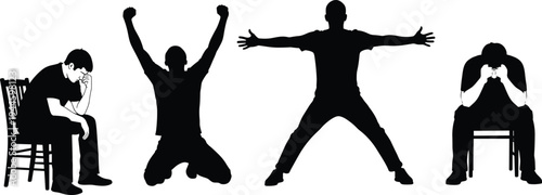 Black silhouettes of men expressing emotions of deep sadness and depression versus exuberant victory and successful celebration on white background